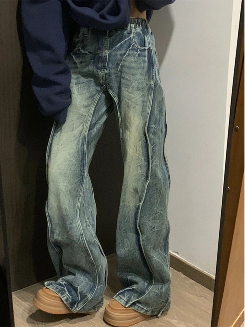 American Deconstructed Stitching Retro Blue Jeans High Street Pants Design Sense Micro Horn Straight Pants - Image 2